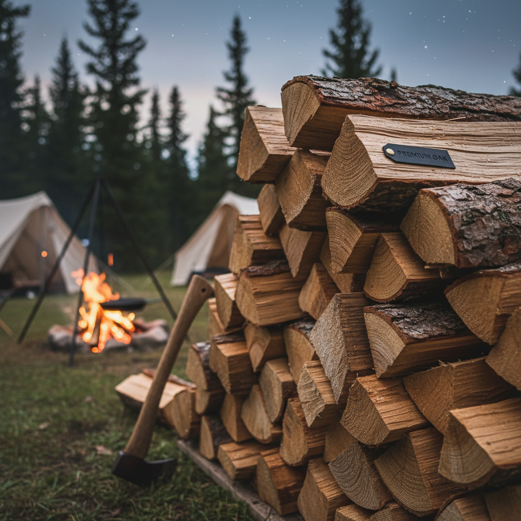 잘 건조된 참나무 장작이 가지런히 쌓여 있는 고해상도 근접 사진으로, 나무의 거친 질감과 자연스러운 나뭇결이 선명하게 보이는 야외 캠핑장 배경 이미지