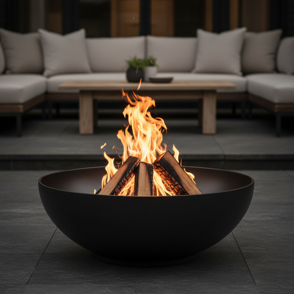 검은색 메탈 화로대 안에서 장작이 활활 타오르며 붉은 불꽃과 황금빛 불씨를 내뿜는 장면을 배경 흐림 처리를 통해 감성적으로 담아낸 고화질 사진