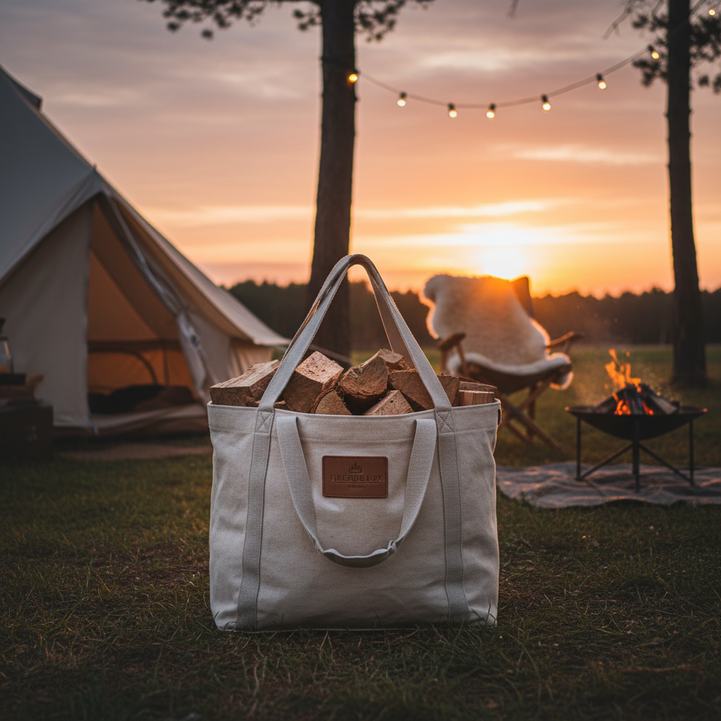 감성 캠핑 스타일의 캔버스 장작 가방에 가득 담긴 쪼개진 장작들이 노을 지는 캠핑장의 부드러운 햇살을 받아 따뜻한 분위기를 연출하는 이미지