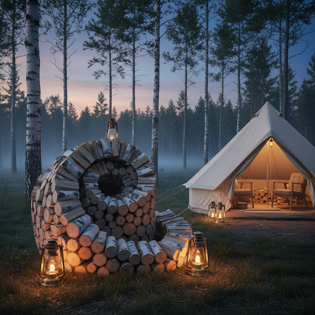 특유의 하얀 껍질이 매력적인 자작나무 장작들이 텐트 옆에 세련되게 쌓여 있으며 주변에는 빈티지 랜턴이 놓여 있는 숲속 캠핑 풍경