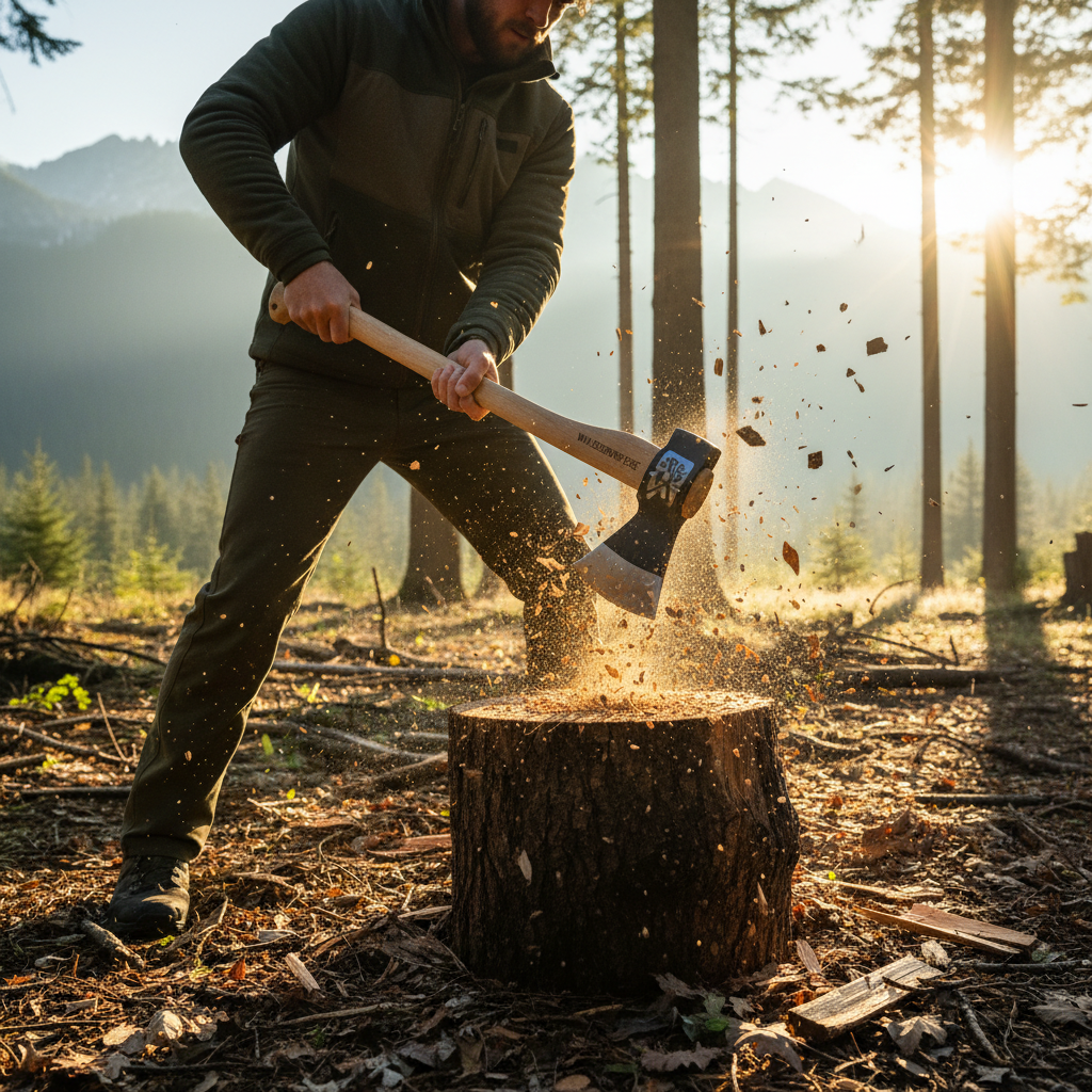 캠핑용 도끼를 이용해 나무 밑동 위에서 장작을 패는 찰나의 순간을 포착한 역동적인 사진으로 산뜻한 아침 햇살이 나무 칩 사이로 비치는 장면
