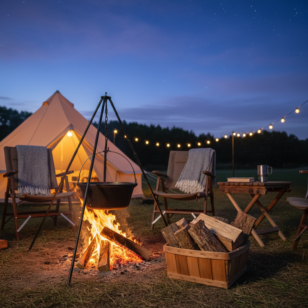 어스름한 저녁 캠핑장에서 타오르는 장작불 위에 더치 오븐이 걸려 있고 그 옆으로 여분의 장작이 든 우드 바스켓이 놓인 평화로운 캠핑 밤 풍경