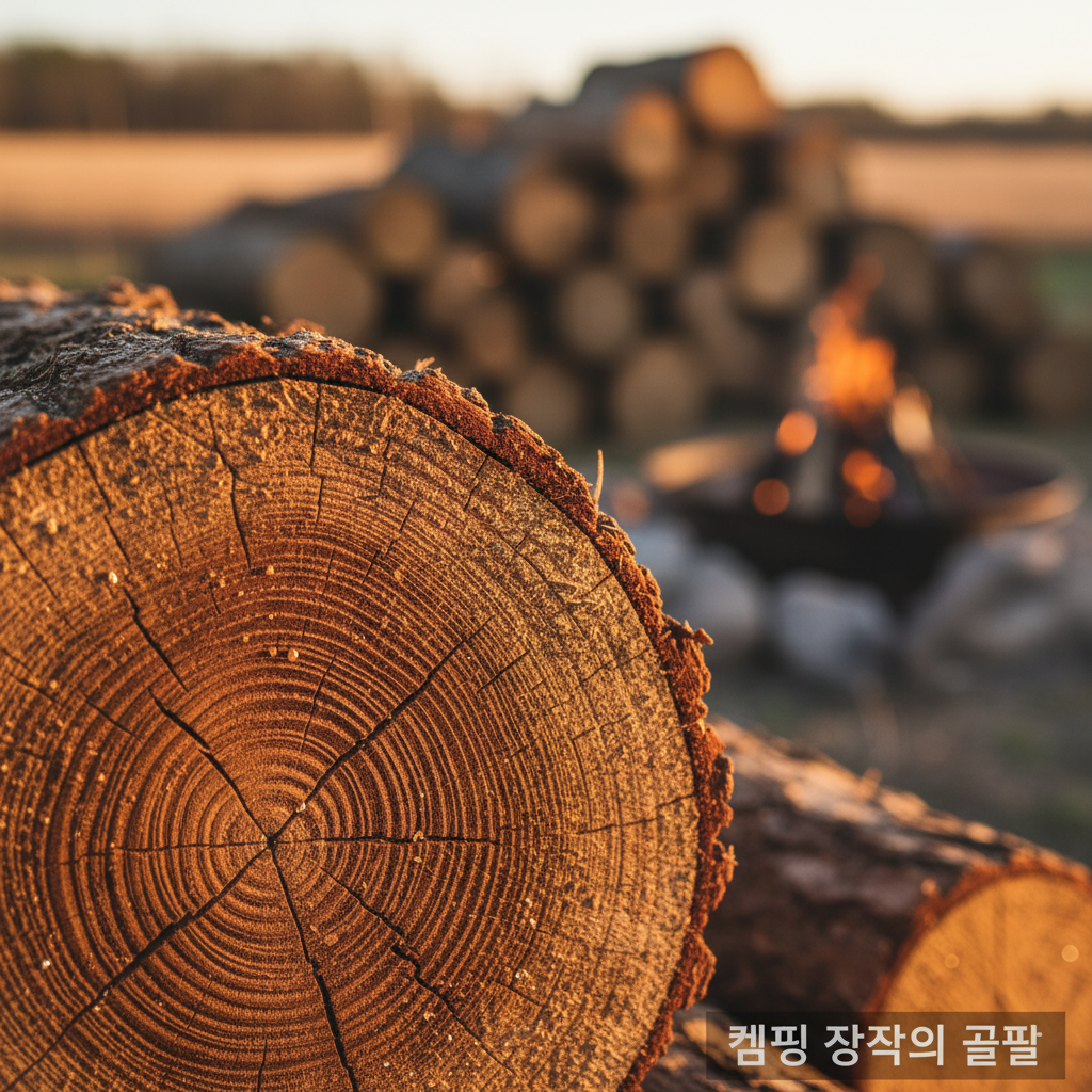 장작의 단면을 클로즈업하여 나이테와 나무의 수분 상태를 보여주는 전문적인 사진으로 캠핑 장작의 품질을 시각적으로 강조한 고해상도 이미지